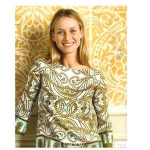 J.Crew Talitha Trastevere 100% Silk Green Paisley Floral Tile Print Boatneck Top